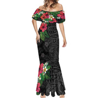Hawaiian Tropical Plants Mermaid Dress Kakau Tattoo and Polynesian Pattern Half Black Color LT03 - Polynesian Pride