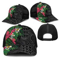 Hawaiian Tropical Plants Mesh Trucker Cap Kakau Tattoo and Polynesian Pattern Half Black Color LT03 - Polynesian Pride