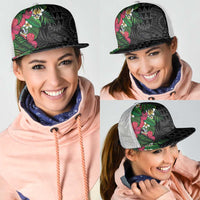 Hawaiian Tropical Plants Mesh Trucker Cap Kakau Tattoo and Polynesian Pattern Half Black Color LT03 - Polynesian Pride