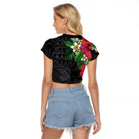 Hawaiian Tropical Plants Raglan Cropped T Shirt Kakau Tattoo and Polynesian Pattern Half Black Color LT03 - Polynesian Pride
