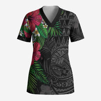 Hawaiian Tropical Plants Scrub Top Kakau Tattoo and Polynesian Pattern Half Black Color LT03 Adult Black - Polynesian Pride