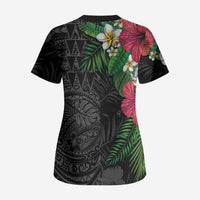 Hawaiian Tropical Plants Scrub Top Kakau Tattoo and Polynesian Pattern Half Black Color LT03 - Polynesian Pride