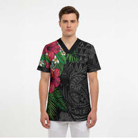 Hawaiian Tropical Plants Scrub Top Kakau Tattoo and Polynesian Pattern Half Black Color LT03 - Polynesian Pride