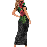 Hawaiian Tropical Plants Short Sleeve Bodycon Dress Kakau Tattoo and Polynesian Pattern Half Black Color LT03 - Polynesian Pride