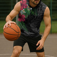 Hawaiian Tropical Plants Sleeveless Hoodie Kakau Tattoo and Polynesian Pattern Half Black Color