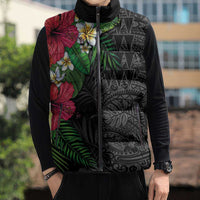 Hawaiian Tropical Plants Sleeveless Puffer Jacket Kakau Tattoo and Polynesian Pattern Half Black Color LT03 - Polynesian Pride