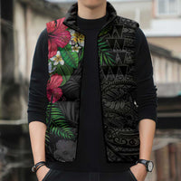 Hawaiian Tropical Plants Sleeveless Puffer Jacket Kakau Tattoo and Polynesian Pattern Half Black Color LT03 - Polynesian Pride