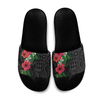 Hawaiian Tropical Plants Slide Sandals Kakau Tattoo and Polynesian Pattern Half Black Color LT03 Black - Polynesian Pride