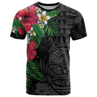 Hawaiian Tropical Plants T Shirt Kakau Tattoo and Polynesian Pattern Half Black Color LT03 Black - Polynesian Pride