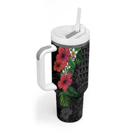 Hawaiian Tropical Plants Tumbler With Handle Kakau Tattoo and Polynesian Pattern Half Black Color LT03 - Polynesian Pride