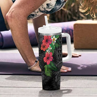 Hawaiian Tropical Plants Tumbler With Handle Kakau Tattoo and Polynesian Pattern Half Black Color LT03 - Polynesian Pride