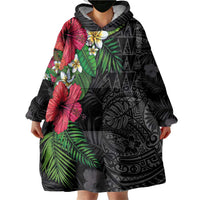 Hawaiian Tropical Plants Wearable Blanket Hoodie Kakau Tattoo and Polynesian Pattern Half Black Color LT03 - Polynesian Pride