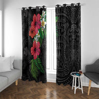 Hawaiian Tropical Plants Window Curtain Kakau Tattoo and Polynesian Pattern Half Black Color LT03 With Grommets Black - Polynesian Pride
