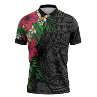 Hawaiian Tropical Plants Zipper Polo Shirt Kakau Tattoo and Polynesian Pattern Half Black Color LT03 Black - Polynesian Pride