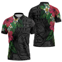 Hawaiian Tropical Plants Zipper Polo Shirt Kakau Tattoo and Polynesian Pattern Half Black Color LT03 - Polynesian Pride