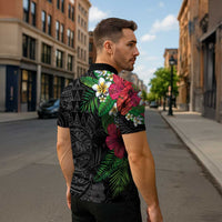 Hawaiian Tropical Plants Zipper Polo Shirt Kakau Tattoo and Polynesian Pattern Half Black Color LT03 - Polynesian Pride