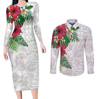 Hawaiian Tropical Plants Couples Matching Long Sleeve Bodycon Dress and Long Sleeve Button Shirt Kakau Tattoo and Polynesian Pattern Half White Color