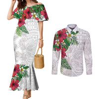Hawaiian Tropical Plants Couples Matching Mermaid Dress and Long Sleeve Button Shirt Kakau Tattoo and Polynesian Pattern Half White Color