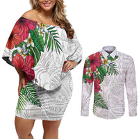 Hawaiian Tropical Plants Couples Matching Off Shoulder Short Dress and Long Sleeve Button Shirt Kakau Tattoo and Polynesian Pattern Half White Color LT03 White - Polynesian Pride
