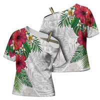 Hawaiian Tropical Plants Cross Shoulder Shirt Kakau Tattoo and Polynesian Pattern Half White Color LT03 - Polynesian Pride