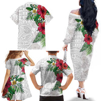 Hawaiian Tropical Plants Family Matching Off The Shoulder Long Sleeve Dress and Hawaiian Shirt Kakau Tattoo and Polynesian Pattern Half White Color