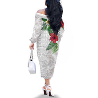 Hawaiian Tropical Plants Family Matching Off The Shoulder Long Sleeve Dress and Hawaiian Shirt Kakau Tattoo and Polynesian Pattern Half White Color