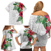 Hawaiian Tropical Plants Family Matching Off Shoulder Short Dress and Hawaiian Shirt Kakau Tattoo and Polynesian Pattern Half White Color