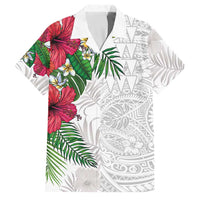 Hawaiian Tropical Plants Family Matching Off Shoulder Short Dress and Hawaiian Shirt Kakau Tattoo and Polynesian Pattern Half White Color