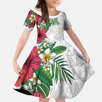 Hawaiian Tropical Plants Family Matching Short Sleeve Bodycon Dress and Hawaiian Shirt Kakau Tattoo and Polynesian Pattern Half White Color