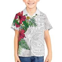 Hawaiian Tropical Plants Family Matching Short Sleeve Bodycon Dress and Hawaiian Shirt Kakau Tattoo and Polynesian Pattern Half White Color