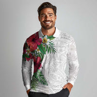Hawaiian Tropical Plants Long Sleeve Polo Shirt Kakau Tattoo and Polynesian Pattern Half White Color LT03 - Polynesian Pride
