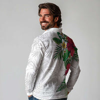 Hawaiian Tropical Plants Long Sleeve Polo Shirt Kakau Tattoo and Polynesian Pattern Half White Color LT03 - Polynesian Pride