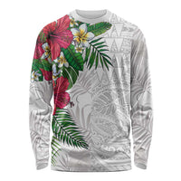 Hawaiian Tropical Plants Long Sleeve Shirt Kakau Tattoo and Polynesian Pattern Half White Color LT03 Unisex White - Polynesian Pride