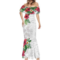 Hawaiian Tropical Plants Mermaid Dress Kakau Tattoo and Polynesian Pattern Half White Color LT03 - Polynesian Pride
