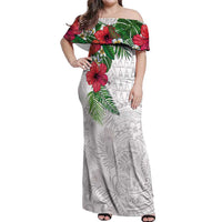 Hawaiian Tropical Plants Off Shoulder Maxi Dress Kakau Tattoo and Polynesian Pattern Half White Color LT03 Women White - Polynesian Pride