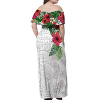 Hawaiian Tropical Plants Off Shoulder Maxi Dress Kakau Tattoo and Polynesian Pattern Half White Color LT03 - Polynesian Pride