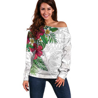 Hawaiian Tropical Plants Off Shoulder Sweater Kakau Tattoo and Polynesian Pattern Half White Color LT03 Women White - Polynesian Pride