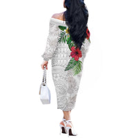 Hawaiian Tropical Plants Off The Shoulder Long Sleeve Dress Kakau Tattoo and Polynesian Pattern Half White Color LT03 - Polynesian Pride