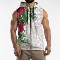 Hawaiian Tropical Plants Sleeveless Zip Hoodie Kakau Tattoo and Polynesian Pattern Half White Color LT03 - Polynesian Pride