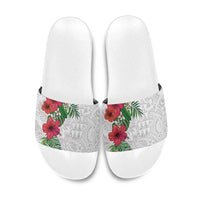 Hawaiian Tropical Plants Slide Sandals Kakau Tattoo and Polynesian Pattern Half White Color LT03 White - Polynesian Pride