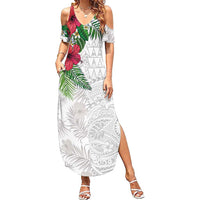 Hawaiian Tropical Plants Summer Maxi Dress Kakau Tattoo and Polynesian Pattern Half White Color LT03 Women White - Polynesian Pride