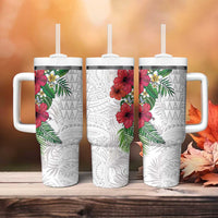Hawaiian Tropical Plants Tumbler With Handle Kakau Tattoo and Polynesian Pattern Half White Color LT03 - Polynesian Pride