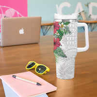 Hawaiian Tropical Plants Tumbler With Handle Kakau Tattoo and Polynesian Pattern Half White Color LT03 - Polynesian Pride