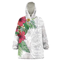 Hawaiian Tropical Plants Wearable Blanket Hoodie Kakau Tattoo and Polynesian Pattern Half White Color LT03 One Size White - Polynesian Pride