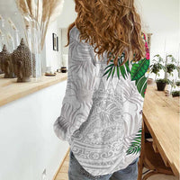 Hawaiian Tropical Plants Women Casual Shirt Kakau Tattoo and Polynesian Pattern Half White Color LT03 - Polynesian Pride