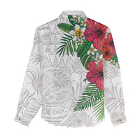 Hawaiian Tropical Plants Women Casual Shirt Kakau Tattoo and Polynesian Pattern Half White Color LT03 - Polynesian Pride