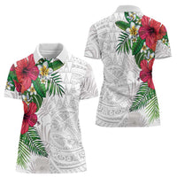 Hawaiian Tropical Plants Women Polo Shirt Kakau Tattoo and Polynesian Pattern Half White Color LT03 - Polynesian Pride