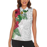 Hawaiian Tropical Plants Women Sleeveless Polo Shirt Kakau Tattoo and Polynesian Pattern Half White Color LT03 - Polynesian Pride
