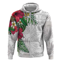 Hawaiian Tropical Plants Zip Hoodie Kakau Tattoo and Polynesian Pattern Half White Color LT03 Zip Hoodie White - Polynesian Pride