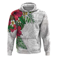 Hawaiian Tropical Plants Zip Hoodie Kakau Tattoo and Polynesian Pattern Half White Color LT03 Pullover Hoodie White - Polynesian Pride